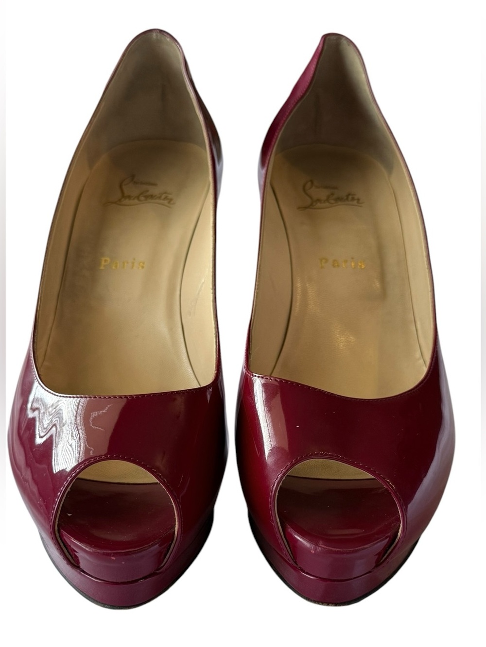 Christian Louboutin Burgundy Patent Leather Peep-Toe Pumps